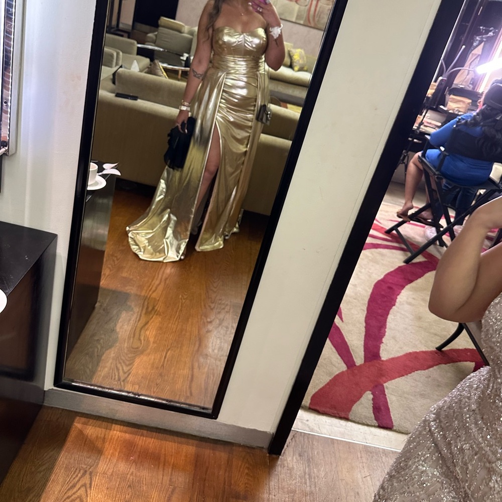 Gold Strapless Sweetheart Slit Gown for Prom